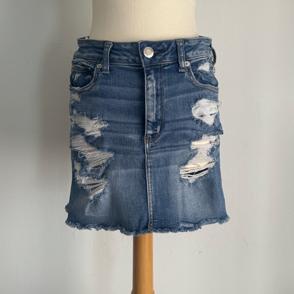 American Eagle Outfitters Distressed Blue Denim Mini Skirt